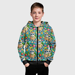 Толстовка на молнии детская Коты и летний вайб паттерн, цвет: 3D-черный — фото 2