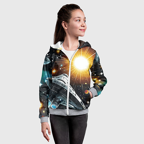 Детская толстовка на молнии Космолёт в неоновом космосе - нейросеть / 3D-Меланж – фото 4