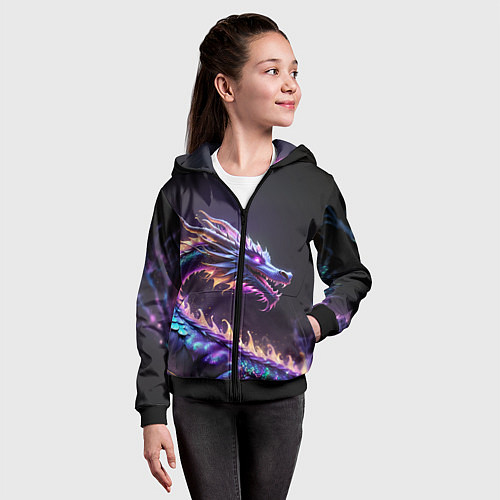 Детская толстовка на молнии Неоновый сиреневый дракон на черном фоне / 3D-Черный – фото 4