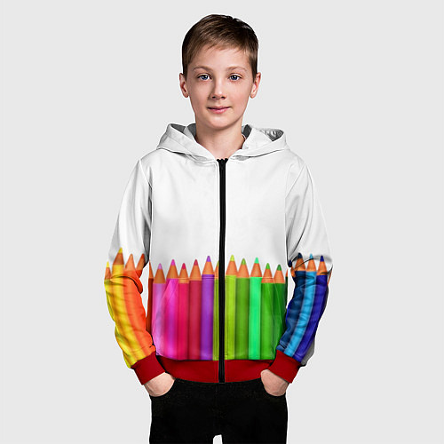 Детская толстовка на молнии Разноцветные карандаши художественные / 3D-Красный – фото 3