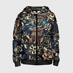 Толстовка на молнии детская Викинг-череп ворон, руны и молот Тора, цвет: 3D-черный