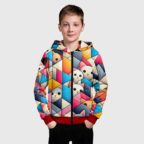 Детская толстовка на молнии Geometric pattern with kittens - ai art / 3D-Красный – фото 3