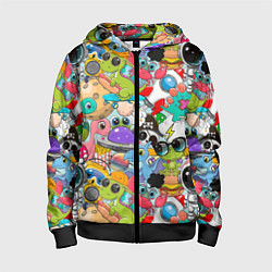 Толстовка на молнии детская Разноцветные мультяшные персонажи, цвет: 3D-черный