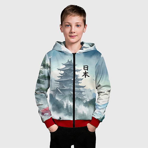 Детская толстовка на молнии Японская пагода в тумане - нейросеть / 3D-Красный – фото 3