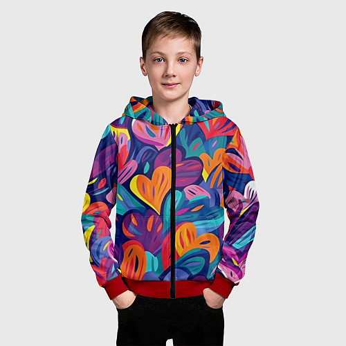 Детская толстовка на молнии Радужные сердца / 3D-Красный – фото 3