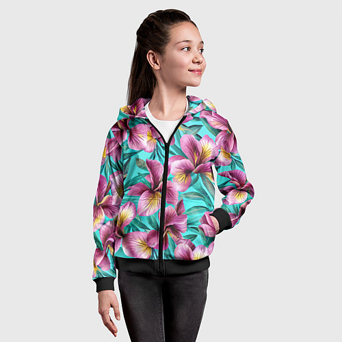 Детская толстовка на молнии Розовые ирисы лианы паттерн / 3D-Черный – фото 4