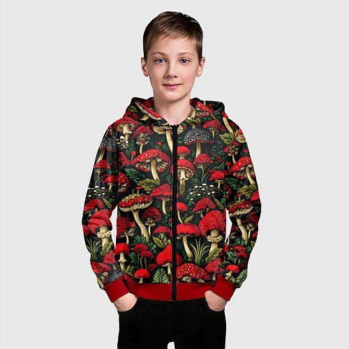 Детская толстовка на молнии Лесные красные грибы мухоморы - паттерн / 3D-Красный – фото 3