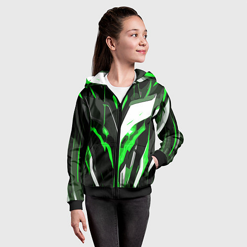 Детская толстовка на молнии Зелёно-белая абстракция и чёрный фон / 3D-Черный – фото 4