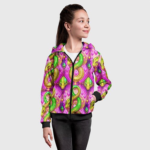 Детская толстовка на молнии Желто-зеленые змеи паттерн / 3D-Черный – фото 4