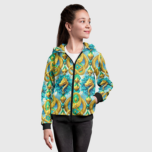 Детская толстовка на молнии Золотистые змеи и цветы / 3D-Черный – фото 4