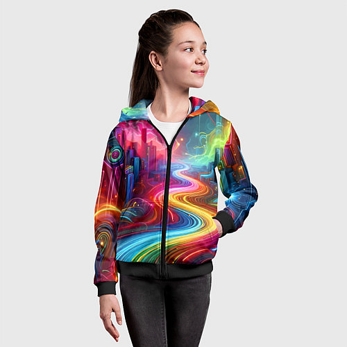 Детская толстовка на молнии Неоновый город - нейроарт / 3D-Черный – фото 4
