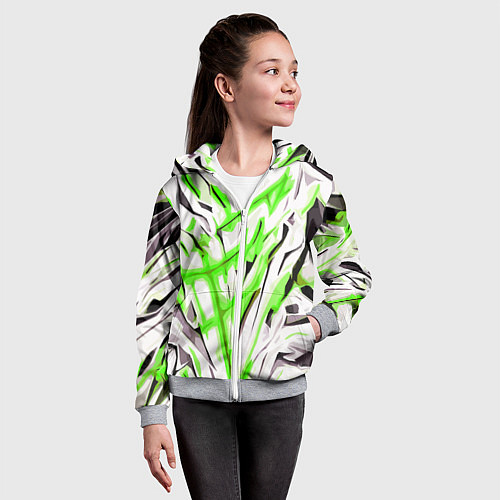 Детская толстовка на молнии Чёрно-зелёная агрессивная абстракция на белом фоне / 3D-Меланж – фото 4