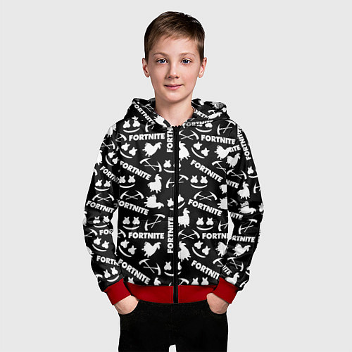 Детская толстовка на молнии Fortnite black pattern / 3D-Красный – фото 3