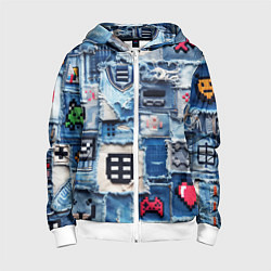 Толстовка на молнии детская Геймерские знаки на пэчворк, цвет: 3D-белый