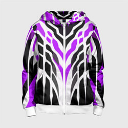 Толстовка на молнии детская Агрессивные фиолетово-белые полосы на чёрном фоне, цвет: 3D-белый