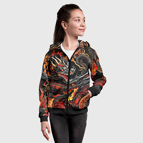 Детская толстовка на молнии Огненные драконы в стиле тату ирезуми на черном / 3D-Черный – фото 4