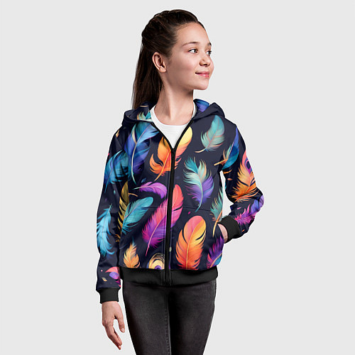 Детская толстовка на молнии Разноцветные переливающиеся перья / 3D-Черный – фото 4