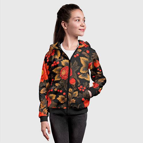 Детская толстовка на молнии Русская хохлома, цветы, паттерн / 3D-Черный – фото 4