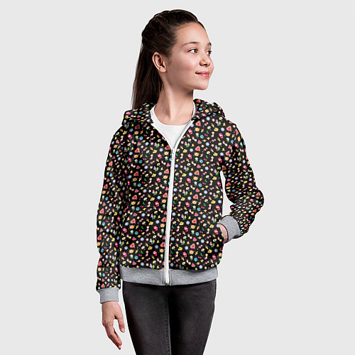 Детская толстовка на молнии Паттерн хиппи значки на черном фоне / 3D-Меланж – фото 4
