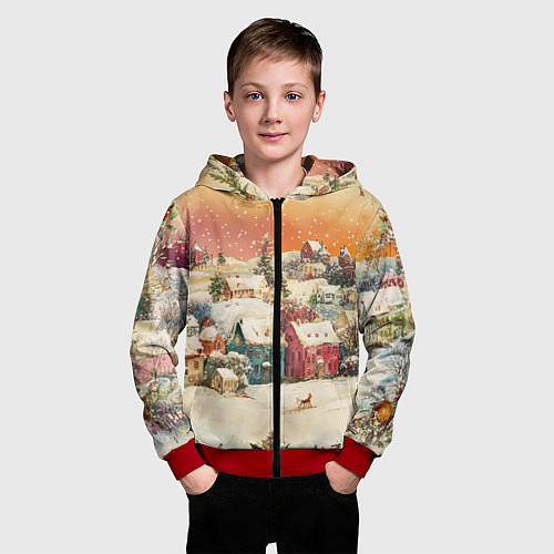 Детская толстовка на молнии Новогодний город из разноцветных домов / 3D-Красный – фото 3