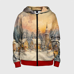 Толстовка на молнии детская Новогодний небольшой городок, цвет: 3D-красный