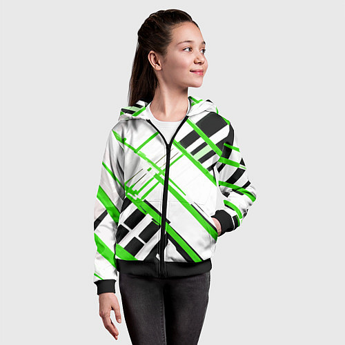 Детская толстовка на молнии Зелёно-чёрные полосы на белом фоне / 3D-Черный – фото 4