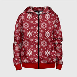 Толстовка на молнии детская Новогодний узор - белые снежинки на красном фоне, цвет: 3D-красный