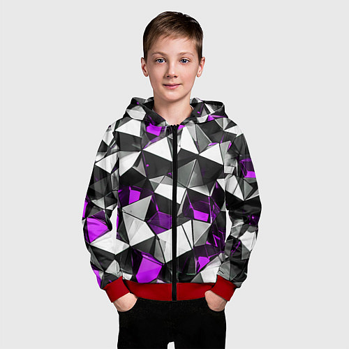 Детская толстовка на молнии Фиолетово-белые рельефные треугольники на чёрном ф / 3D-Красный – фото 3