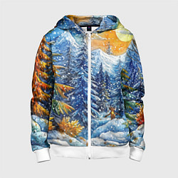 Детская толстовка на молнии Новогодние елки в лесу масляные краски