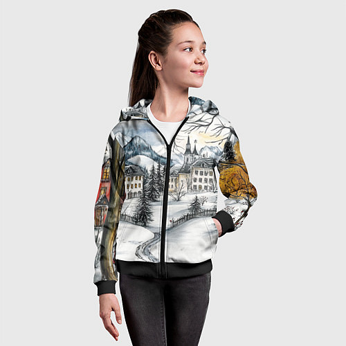 Детская толстовка на молнии Заснеженный старый город / 3D-Черный – фото 4