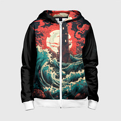 Детская толстовка на молнии Маяк и волны в японском стиле