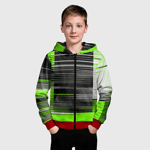 Детская толстовка на молнии Белые вертикальные полосы на чёрно-зелёном фоне / 3D-Красный – фото 3