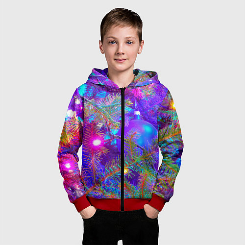 Детская толстовка на молнии Новогоднее свечение гирлянд / 3D-Красный – фото 3