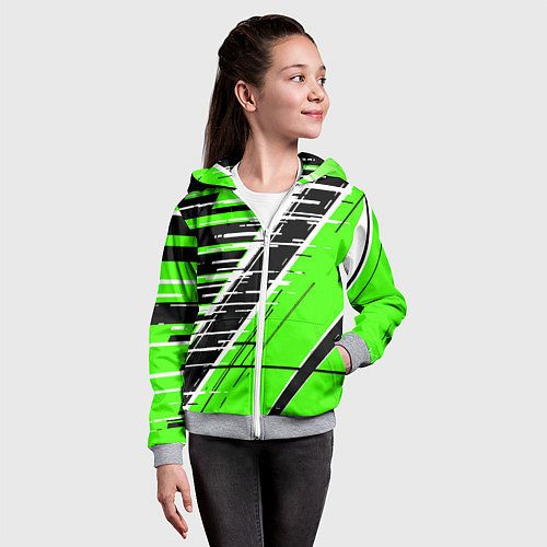 Детская толстовка на молнии Чёрно-белые глитч полосы на зелёном фоне / 3D-Меланж – фото 4