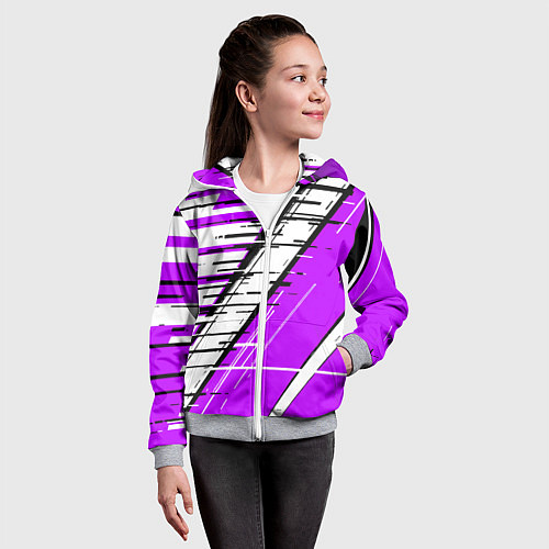 Детская толстовка на молнии Чёрно-белые глитч полосы на фиолетовом фоне / 3D-Меланж – фото 4