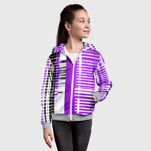 Детская толстовка на молнии Белые полосы на чёрно-фиолетовом фоне / 3D-Меланж – фото 4