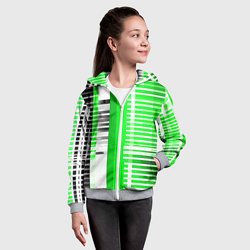 Детская толстовка на молнии Белые полосы на зелёно-чёрном фоне / 3D-Меланж – фото 4
