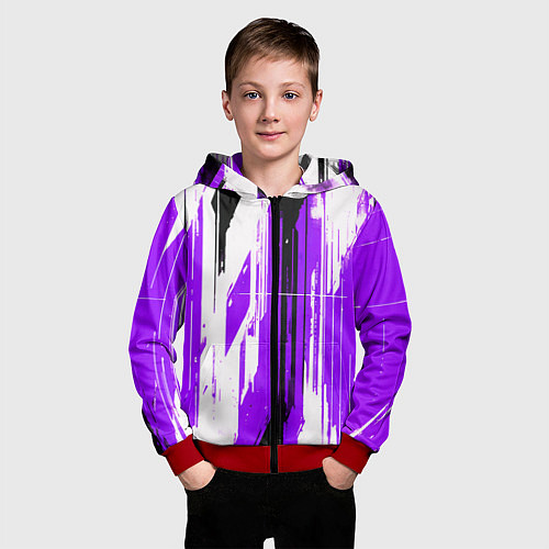 Детская толстовка на молнии Вертикальные чёрно-белые линии на фиолетовом фоне / 3D-Красный – фото 3