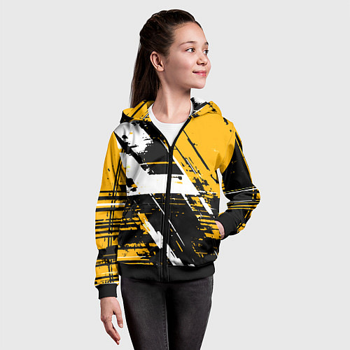 Детская толстовка на молнии Diagonal black and white stripes on a yellow backg / 3D-Черный – фото 4