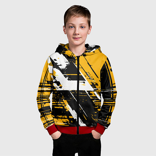 Детская толстовка на молнии Diagonal black and white stripes on a yellow backg / 3D-Красный – фото 3