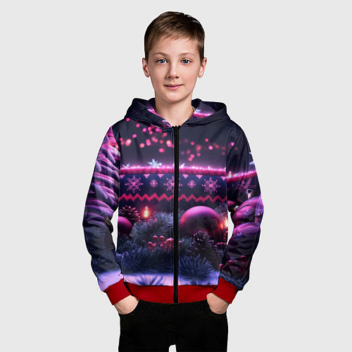Детская толстовка на молнии Новый год в фиолетовом свете / 3D-Красный – фото 3