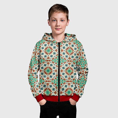 Детская толстовка на молнии Восточный пляжный орнамент зелено коричневый / 3D-Красный – фото 3