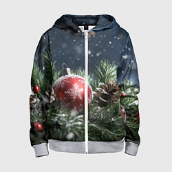 Толстовка на молнии детская Новогодний шар и шишка, цвет: 3D-меланж