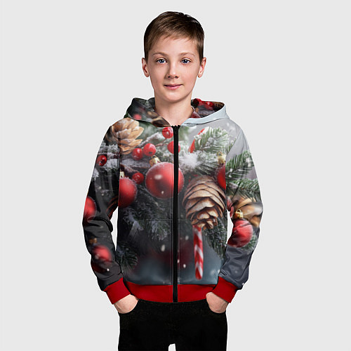 Детская толстовка на молнии Новогодние украшения на ветках / 3D-Красный – фото 3