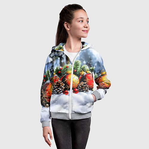 Детская толстовка на молнии Красные и желтый новогодние шары / 3D-Меланж – фото 4