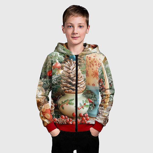 Детская толстовка на молнии Новогодняя атрибутика / 3D-Красный – фото 3