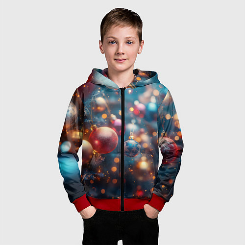 Детская толстовка на молнии Красные и синие шары на фоне елки / 3D-Красный – фото 3