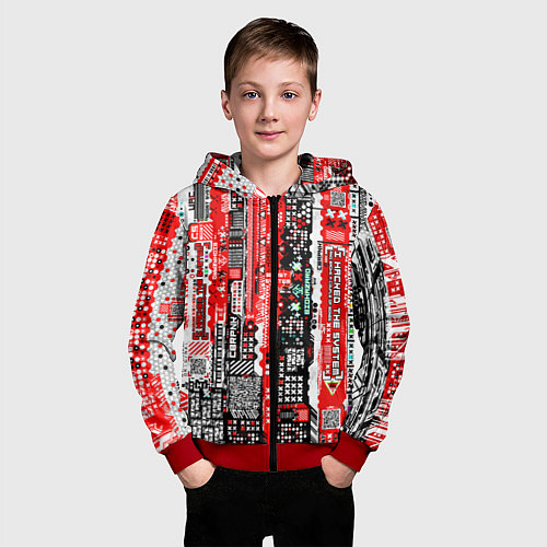 Детская толстовка на молнии Киберпанк паттерн красный / 3D-Красный – фото 3