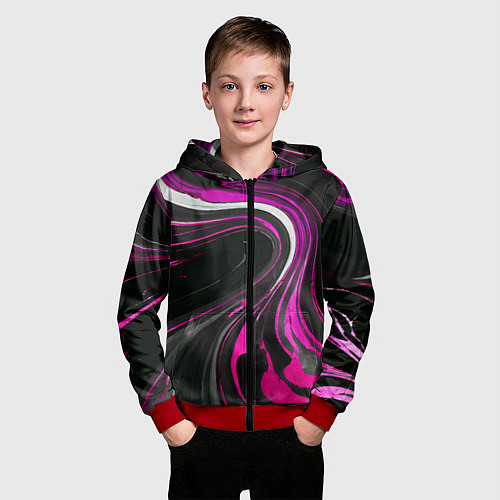 Детская толстовка на молнии Волнистые бело-розовые линии на чёрном фоне / 3D-Красный – фото 3