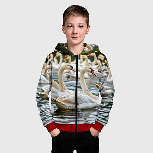 Детская толстовка на молнии Белые лебеди на пруду / 3D-Красный – фото 3